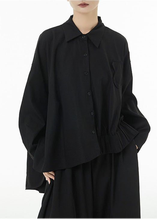 Black Oversized Cotton Blouse Tops Low High Design Batwing Sleeve