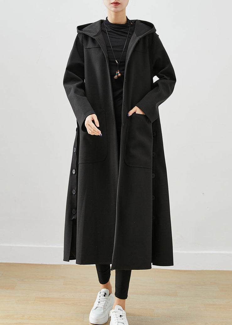 Black Oversized Cotton Coat Hooded Pockets Fall