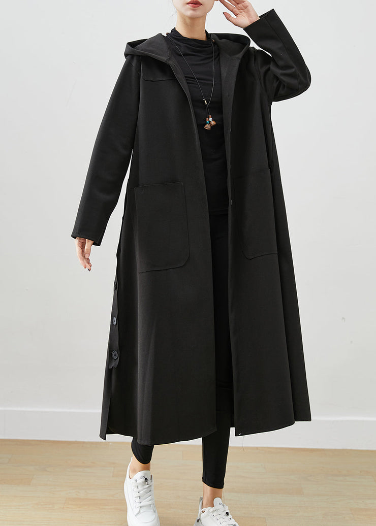 Black Oversized Cotton Coat Hooded Pockets Fall