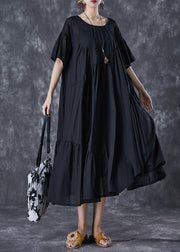 Black Oversized Cotton Dresses Asymmetrical Wrinkled Flare Sleeve