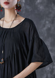 Black Oversized Cotton Dresses Asymmetrical Wrinkled Flare Sleeve