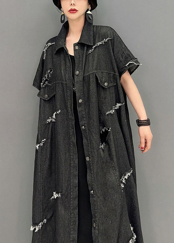 Black Oversized Cotton Ripped Denim Long Shirts Tassel Short Sleeve