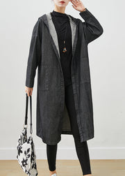 Black Oversized Denim Trench Coats Hooded Pockets Fall