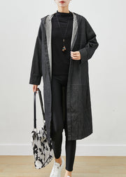 Black Oversized Denim Trench Coats Hooded Pockets Fall