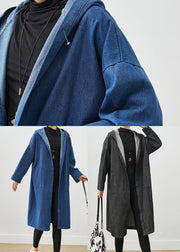 Black Oversized Denim Trench Coats Hooded Pockets Fall