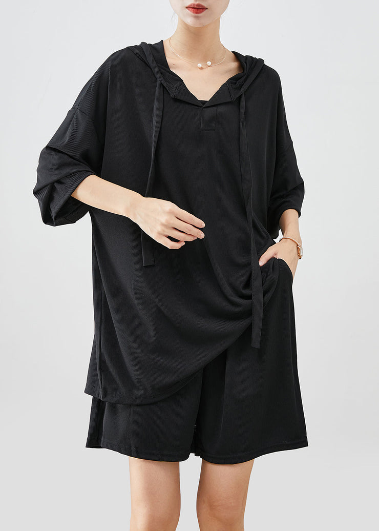 Black Oversized Pullover Sweatshirt Two Piece Suit Set Hooded Summer