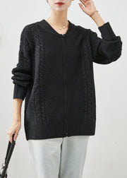 Black Oversized Warm Cable Knit Coats Zip Up Fall