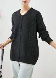 Black Oversized Warm Cable Knit Coats Zip Up Fall