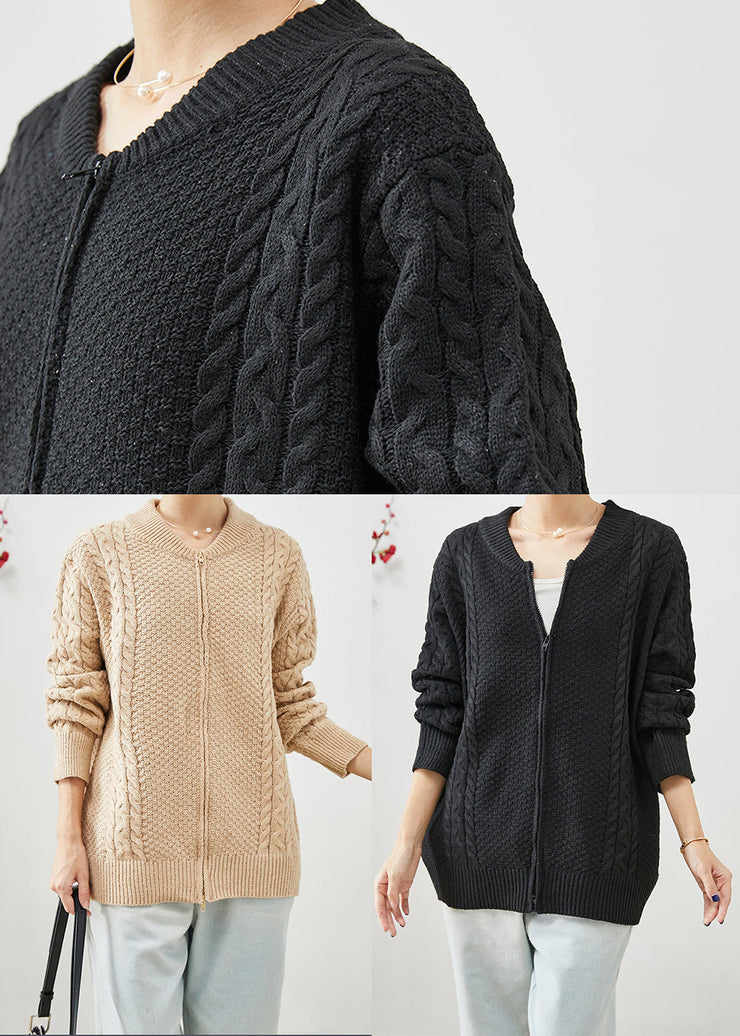 Black Oversized Warm Cable Knit Coats Zip Up Fall