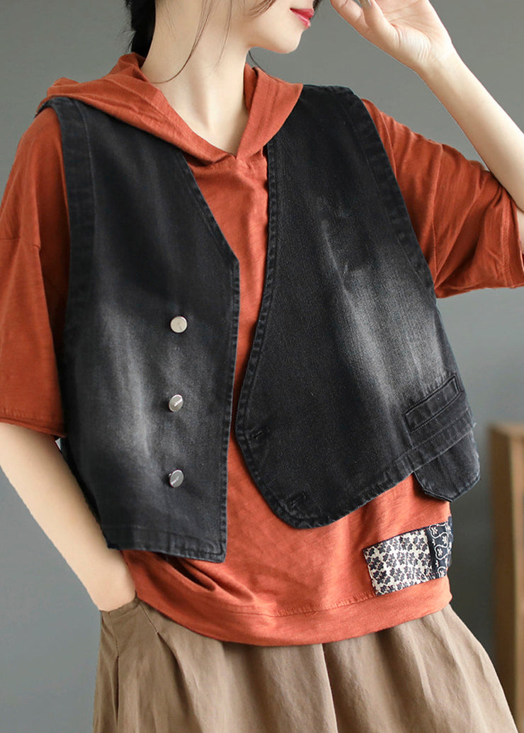 Black Patchwork Button Denim Coat Fall