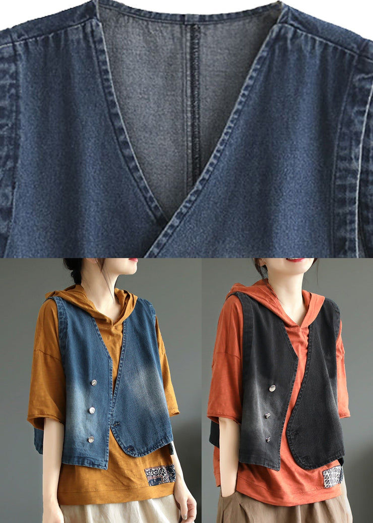 Black Patchwork Button Denim Coat Fall