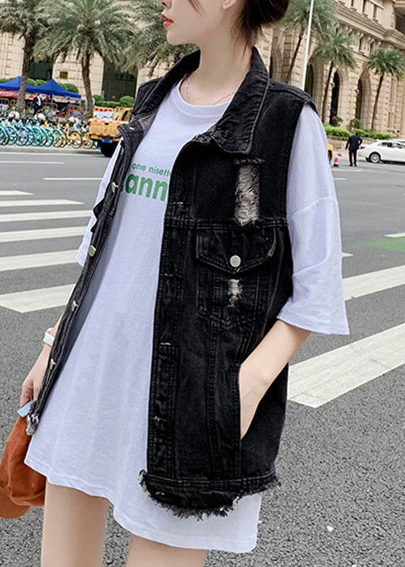 Black Patchwork Button Denim Waistcoat Fall