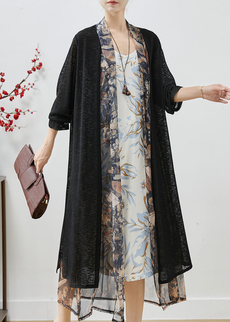 Black Patchwork Chiffon Fake Two Piece Cardigan Oversized Fall