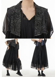 Black Patchwork Chiffon Long Cardigan Peter Pan Collar Sleeveless