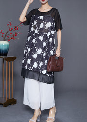 Black Patchwork Chiffon Long Dresses Letter Zircon Print Summer