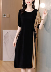 Black Patchwork Chiffon Party Dress Tie Waist Pockets Short Sleeve