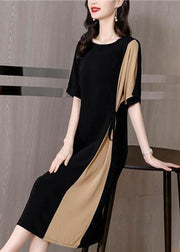 Black Patchwork Chiffon Party Dress Tie Waist Pockets Short Sleeve