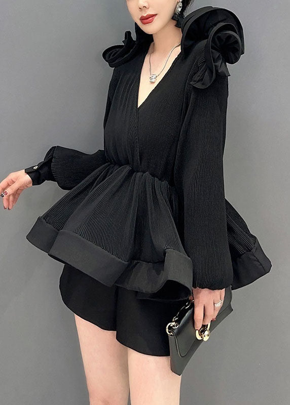 Black Patchwork Chiffon Shirt Tops Wrinkled Tunic Spring