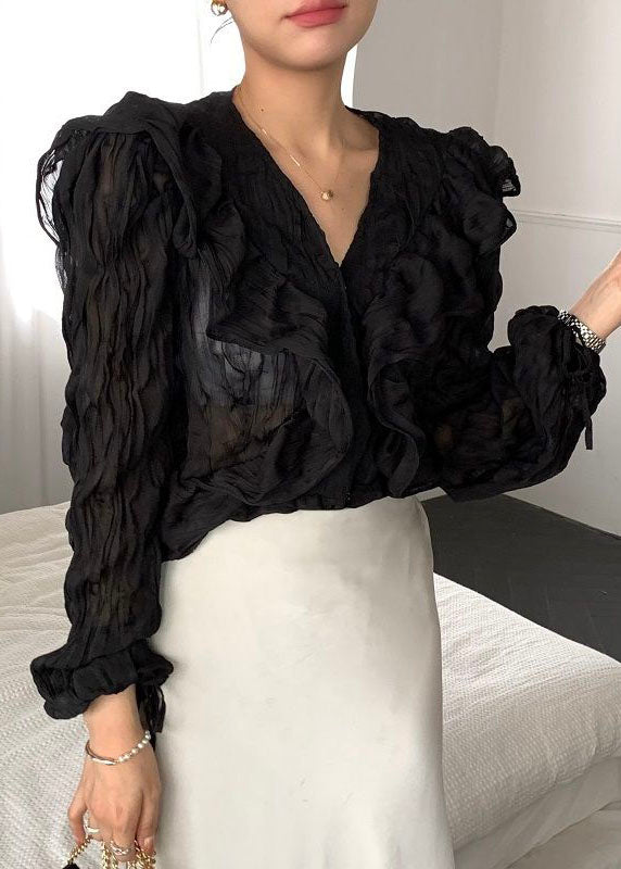 Black Patchwork Chiffon Shirts Tops Ruffled V Neck Spring