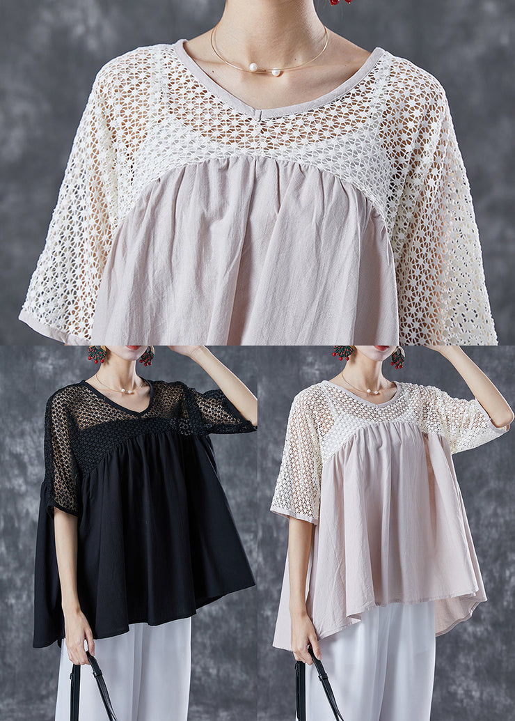 Black Patchwork Cotton Blouse Tops Hollow Out Summer