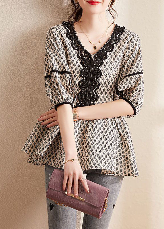 Black Patchwork Cotton Blouses V Neck Puff Sleeve