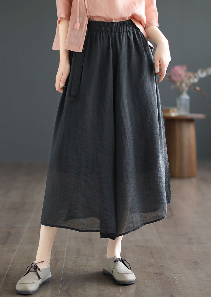 Black Patchwork Cotton Crop Wide Leg Pants Elastic Waist Summer