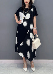 Black Patchwork Cotton Dress Asymmetrical Dot Print Summer