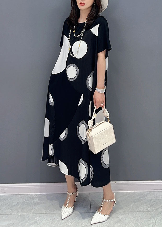 Black Patchwork Cotton Dress Asymmetrical Dot Print Summer