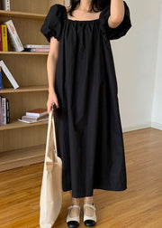 Black Patchwork Cotton Dress Wrinkled Square Collar Puff Sleeve