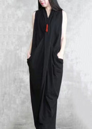 Black Patchwork Cotton Dresses Asymmetrical Wrinkled Sleeveless