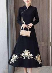 Black Patchwork Cotton Dresses Embroideried Stand Collar Fall