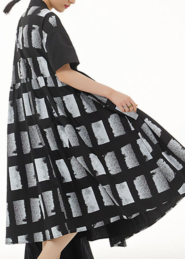 Black Patchwork Cotton Dresses Peter Pan Collar Wrinkled Summer