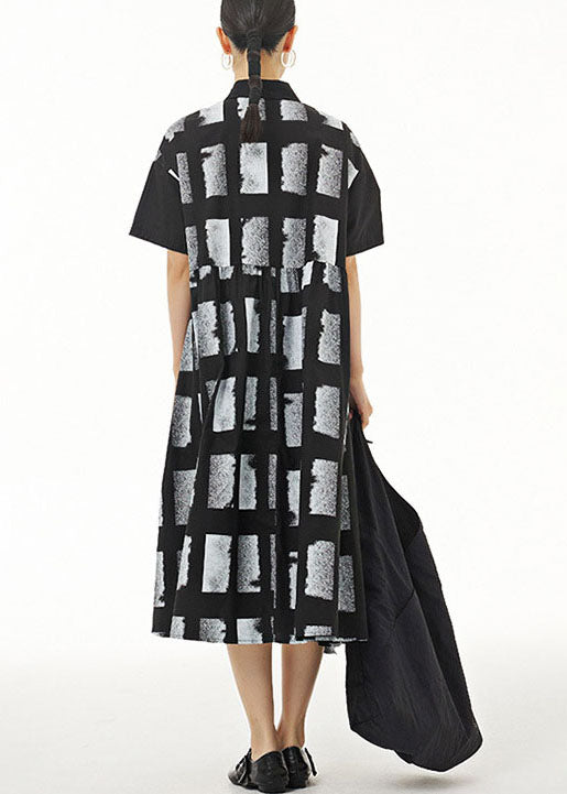 Black Patchwork Cotton Dresses Peter Pan Collar Wrinkled Summer