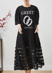 Black Patchwork Cotton Holiday Dress Hollow Out Summer