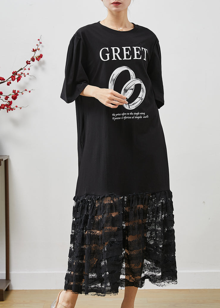 Black Patchwork Cotton Holiday Dress Hollow Out Summer