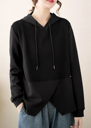 Black Patchwork Cotton Hooded Pullover Streetwear Asymmetrical Fall