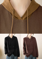 Black Patchwork Cotton Hooded Pullover Streetwear Asymmetrical Fall