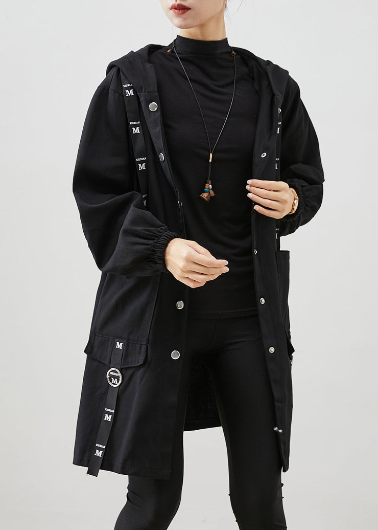 Black Patchwork Cotton Hoodie Trench Coat Oversized Fall