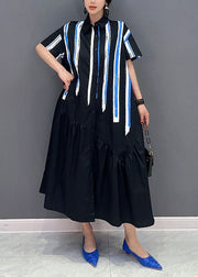 Black Patchwork Cotton Long Dress Asymmetrical Wrinkled Summer