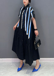 Black Patchwork Cotton Long Dress Asymmetrical Wrinkled Summer