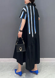 Black Patchwork Cotton Long Dress Asymmetrical Wrinkled Summer