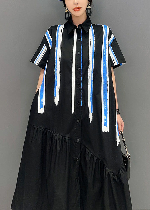 Black Patchwork Cotton Long Dress Asymmetrical Wrinkled Summer