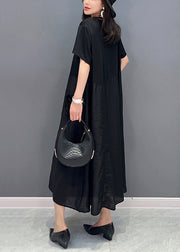 Black Patchwork Cotton Long Dress O Neck Ruffled Summer