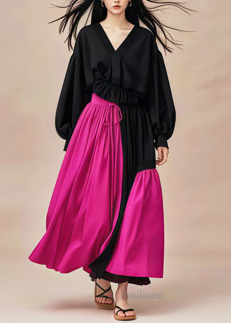 Black Patchwork Cotton Long Dress V Neck Cinched Spring