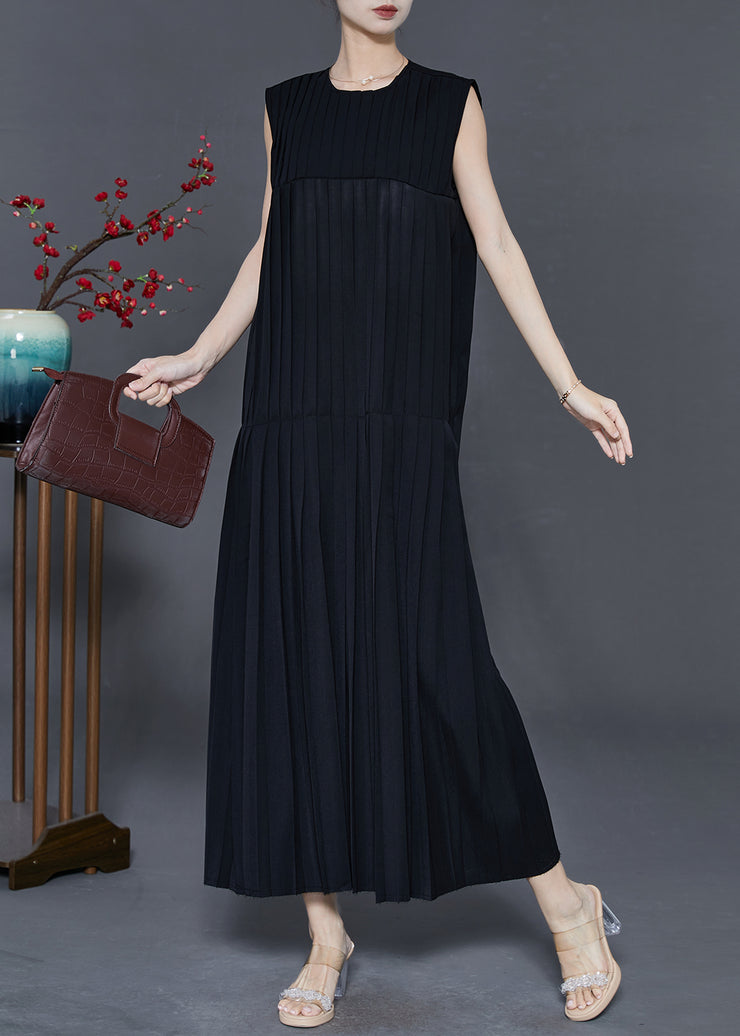 Black Patchwork Cotton Long Dress Wrinkled Sleeveless