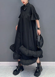 Black Patchwork Cotton Long Dresses Peter Pan Collar Wrinkled Summer