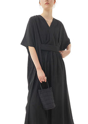 Black Patchwork Cotton Long Dresses V Neck Wrinkled Summer