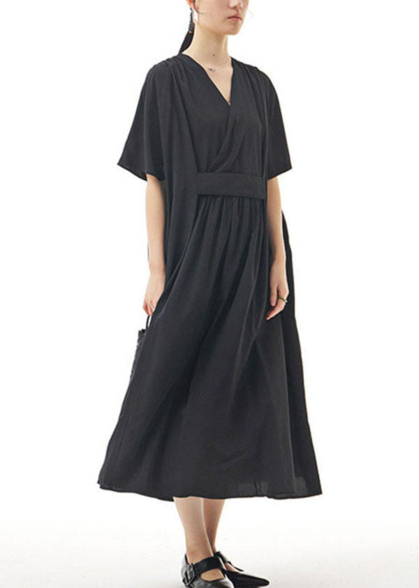 Black Patchwork Cotton Long Dresses V Neck Wrinkled Summer