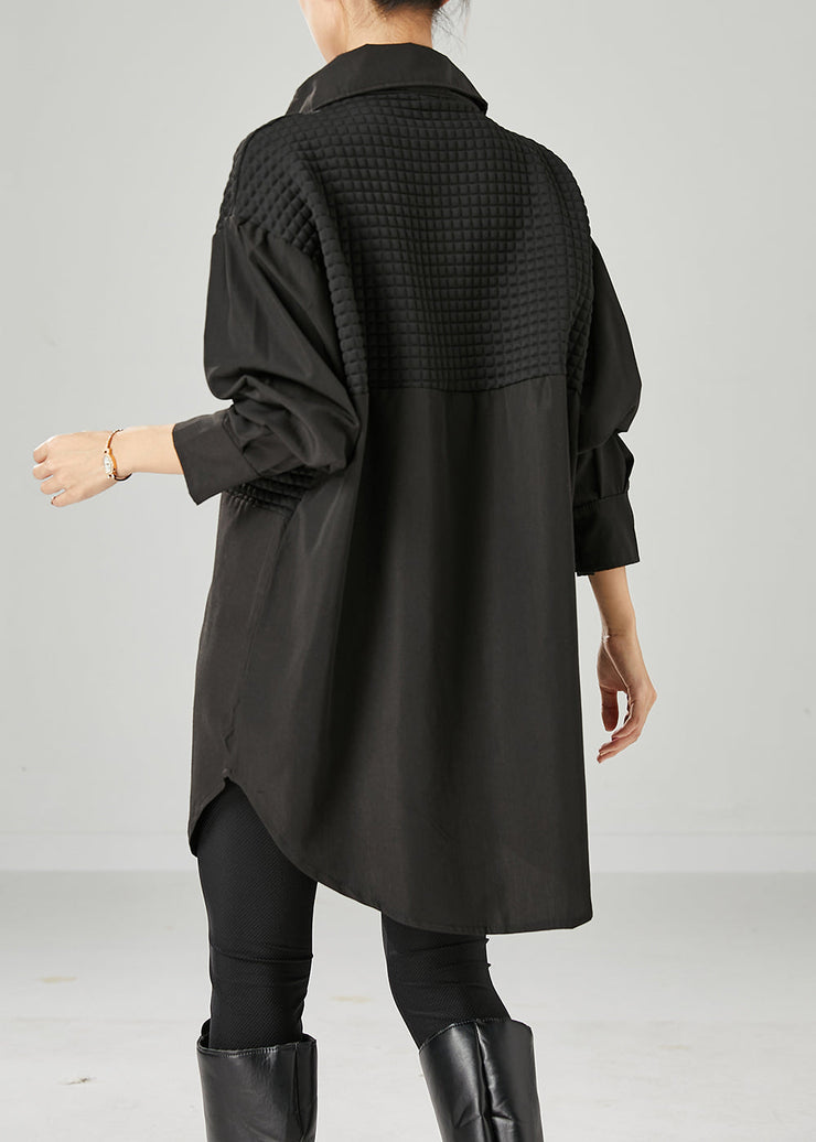 Black Patchwork Cotton Long Shirt Oversized Fall