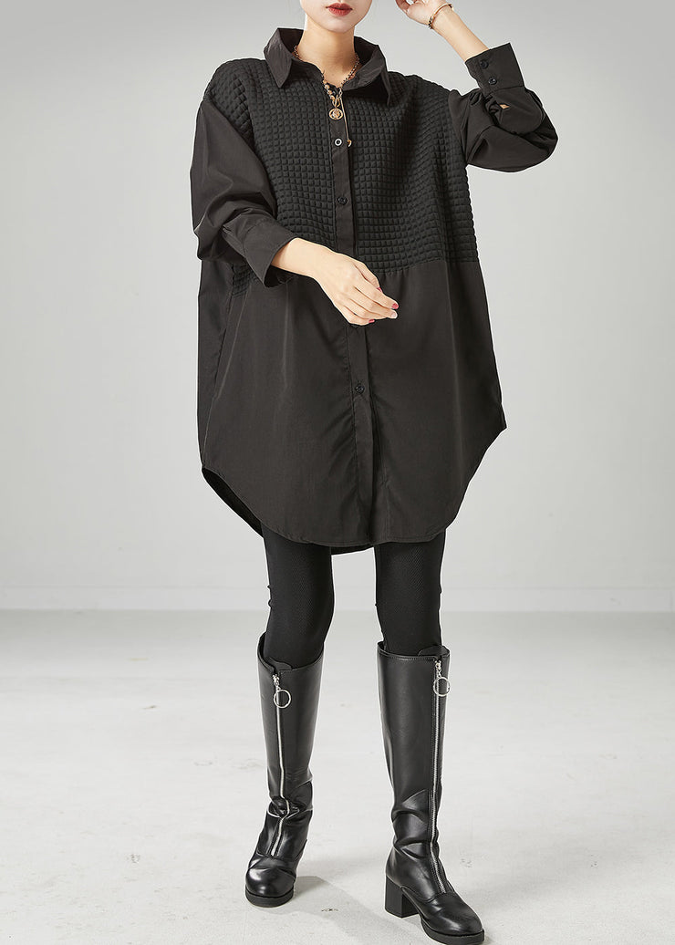 Black Patchwork Cotton Long Shirt Oversized Fall